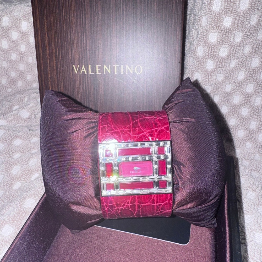 NWT Valentino Red Leather Crystal Bangle Cuff Watch w/ Box Papers Petite